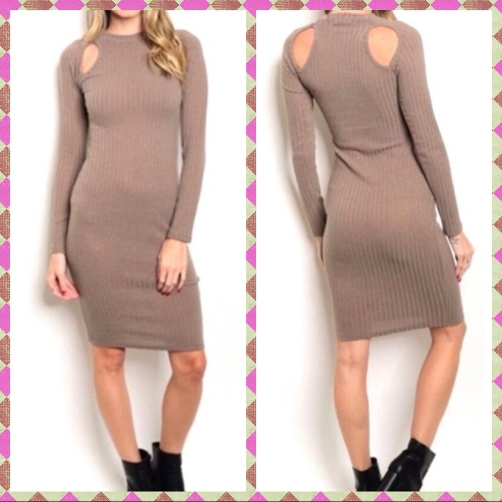 LONG SLEEVE BODYCON‎ TAUPE TAN MIDI RIBBED DRESS-TUNIC-SLIP NEW